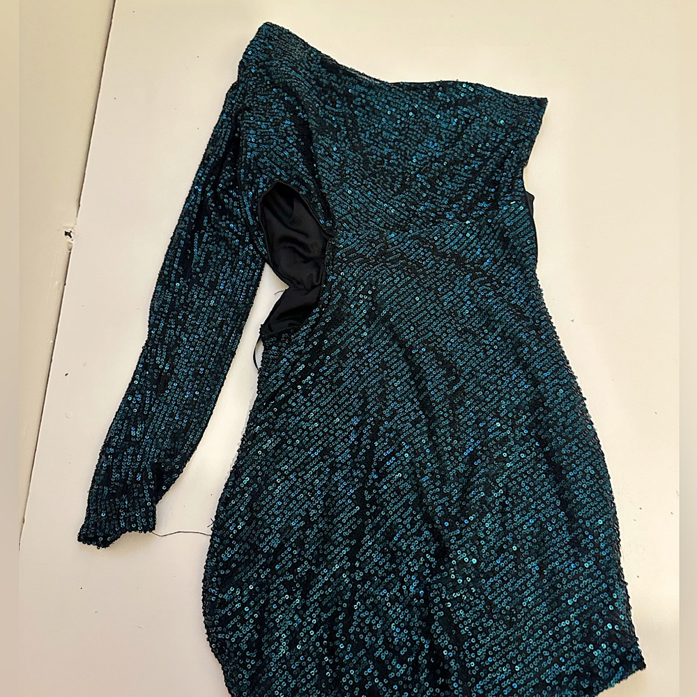 Hello Molly Teal Sequin One-Shoulder Mini Dress